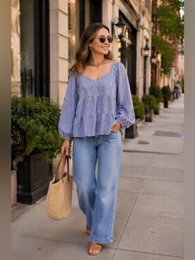 OLD NAVY Gingham Long Sleeve V-neck Tiered Seersucker Swing Top L